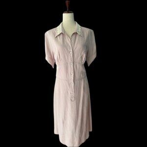KRIZIA Designer Tailored Sheath Shirt Dress Pink Lace Collar Short Sleeve Sz 14